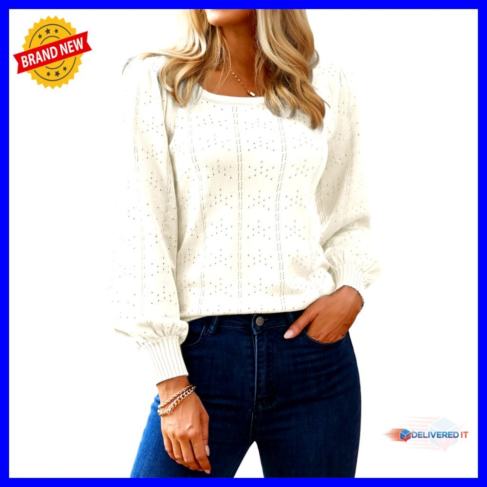 Puff Sleeve Square Neck Pullover Sweater Trendy Hollow Out Knit Tunic